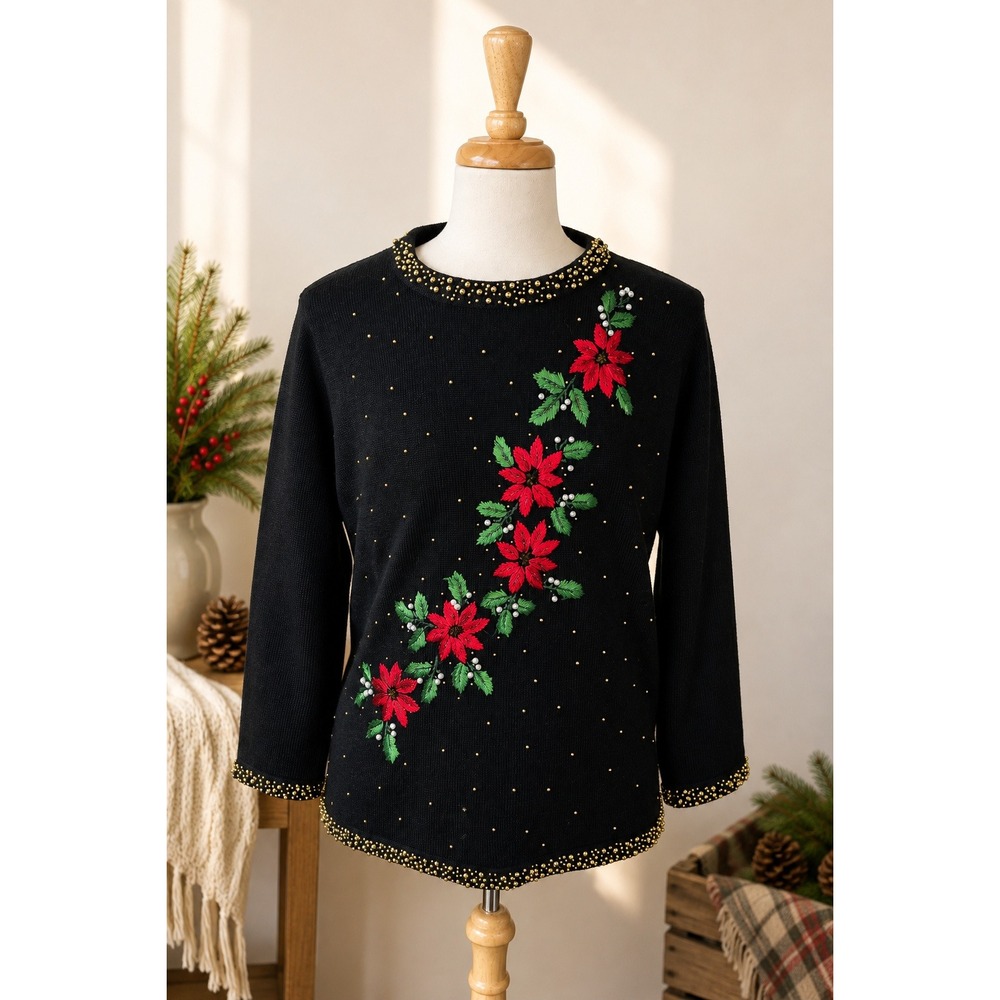 Vintage 90s Poinsettia Christmas Sweater Beaded Embroidered XL Grandmacore